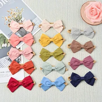 14 Pack Adorable Handmade Baby Girls Linen Hair Bows