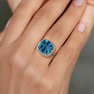 Gem Stone King 10K White Gold Gemstone Birthstone and White Created Sapphire Ring For Women | Cushion 12MM | Wedding Anniversary Promise Ring For Women | Available In Size 5, 6, 7, 8, 8