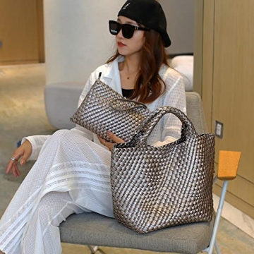 JINMANXUE Fashion Woven Bag Shopper Bag Travel Handbags and Purses Women Tote Bag Large Capacity Shoulder Bags(Gun silver)