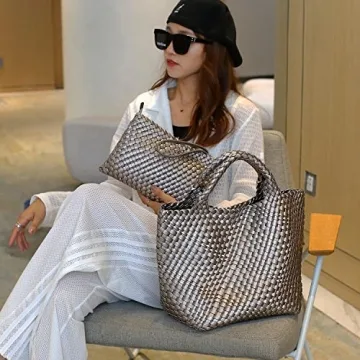 JINMANXUE Fashion Woven Bag Shopper Bag Travel Handbags and Purses Women Tote Bag Large Capacity Shoulder Bags(Gun silver)