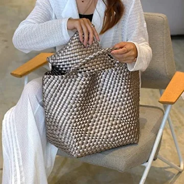 JINMANXUE Fashion Woven Bag Shopper Bag Travel Handbags and Purses Women Tote Bag Large Capacity Shoulder Bags(Gun silver)