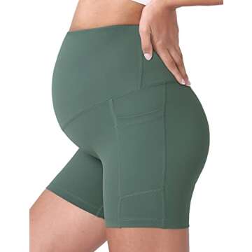 POSHDIVAH Women's Maternity Yoga Shorts Over The Belly Bump Summer Workout Running Active Short Pants with Pockets Crab Green 5" Small