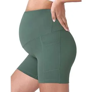 POSHDIVAH Women's Maternity Yoga Shorts Over The Belly Bump Summer Workout Running Active Short Pants with Pockets Crab Green 5" Small