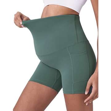 POSHDIVAH Women's Maternity Yoga Shorts Over The Belly Bump Summer Workout Running Active Short Pants with Pockets Crab Green 5" Small