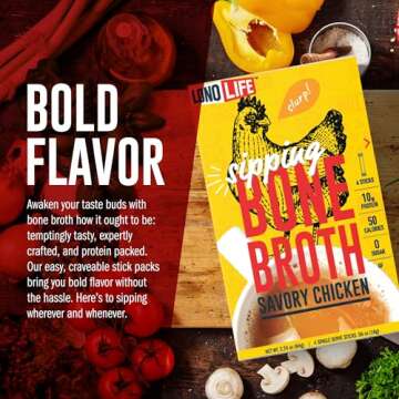 LonoLife Chicken Bone Broth Powder Mix | 10g Protein | Collagen-Rich, Keto & Paleo Friendly | Natural Ingredients | 4 Portable Stick Pack Servings