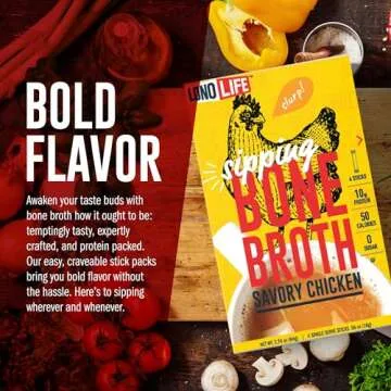 LonoLife Chicken Bone Broth Powder Mix | 10g Protein | Collagen-Rich, Keto & Paleo Friendly | Natural Ingredients | 4 Portable Stick Pack Servings