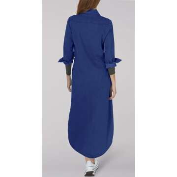 Kuraki Women's Casual Button Front Maxi Shirt Denim Dress L Blue