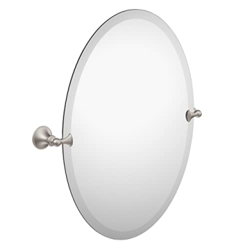 Moen Glenshire Brushed Nickel 26-Inch x 22-Inch Frameless Pivoting Bathroom Mirror, Oval Tilting Wal...