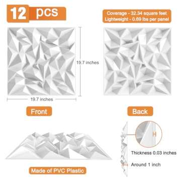 TroyStudio Acoustic Sound Diffuser Panels, 19.7 X 19.7 X 1 inches 12 Pcs White PVC Plastic 3D Wall P...
