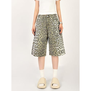 QJK Baggy Y2K Leopard Print Jean Shorts for Trendy Style