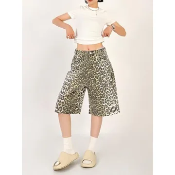 QJK Baggy Y2K Leopard Print Jean Shorts for Trendy Style