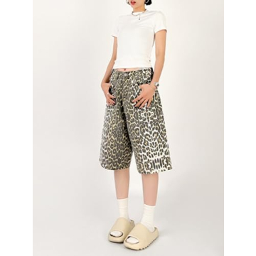 QJK Baggy Y2K Leopard Print Jean Shorts for Trendy Style