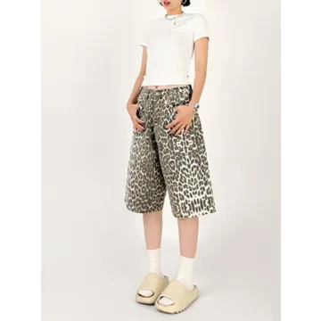 QJK Baggy Y2K Leopard Print Jean Shorts for Trendy Style