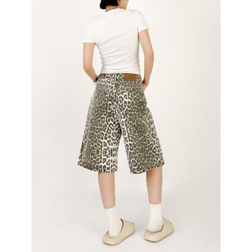 QJK Baggy Y2K Leopard Print Jean Shorts for Trendy Style