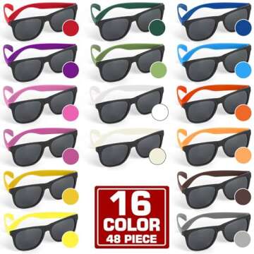 48 Pack 16 Colors Neon Party Sunglasses, 80’s Retro Style Party Favors Sun Glasses Bulk for Carniv...