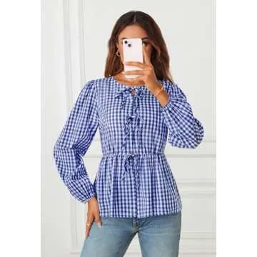 Stylish MEROKEETY Tie Front Plaid Blouse for Women