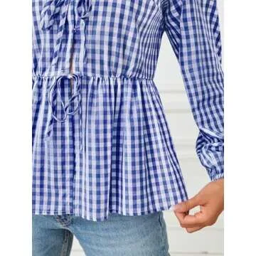 Stylish MEROKEETY Tie Front Plaid Blouse for Women