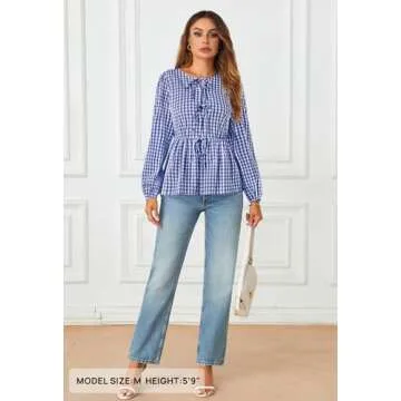 Stylish MEROKEETY Tie Front Plaid Blouse for Women