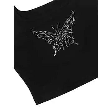 Verdusa Women's Square Neck Sleeveless Rhinestone Butterfly Tank Crop Top Black S