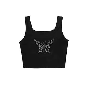 Verdusa Women's Square Neck Sleeveless Rhinestone Butterfly Tank Crop Top Black S