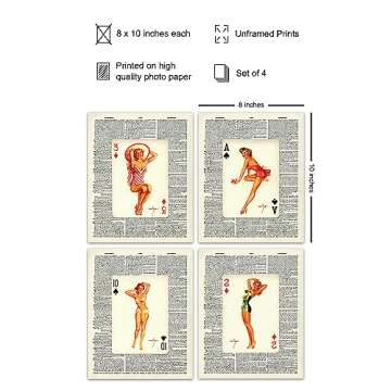 Dictionary Wall Art Prints - 1950s Vintage Pinup Girls Playing Cards Photo Set - Chic Home Decor for...