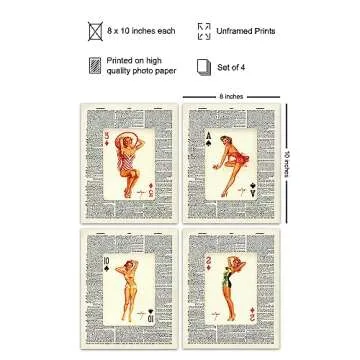 Dictionary Wall Art Prints - 1950s Vintage Pinup Girls Playing Cards Photo Set - Chic Home Decor for...