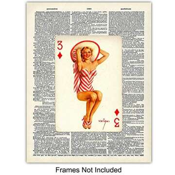 Dictionary Wall Art Prints - 1950s Vintage Pinup Girls Playing Cards Photo Set - Chic Home Decor for Bar, Man Cave, Poker or Game Room Decoration – Cool Unique Gift for Men, Man, Husband Him