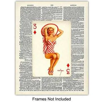 Dictionary Wall Art Prints - 1950s Vintage Pinup Girls Playing Cards Photo Set - Chic Home Decor for Bar, Man Cave, Poker or Game Room Decoration – Cool Unique Gift for Men, Man, Husband Him