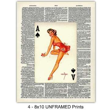 Dictionary Wall Art Prints - 1950s Vintage Pinup Girls Playing Cards Photo Set - Chic Home Decor for Bar, Man Cave, Poker or Game Room Decoration – Cool Unique Gift for Men, Man, Husband Him