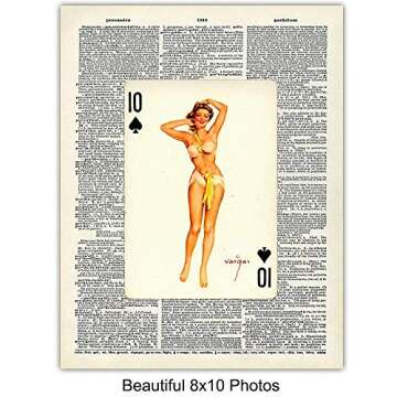 Dictionary Wall Art Prints - 1950s Vintage Pinup Girls Playing Cards Photo Set - Chic Home Decor for Bar, Man Cave, Poker or Game Room Decoration – Cool Unique Gift for Men, Man, Husband Him