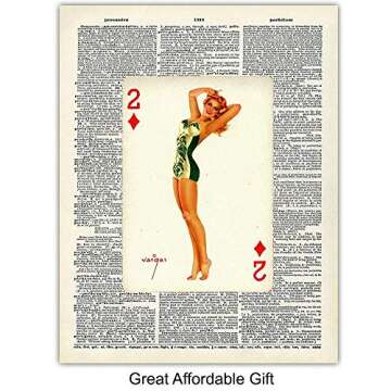 Dictionary Wall Art Prints - 1950s Vintage Pinup Girls Playing Cards Photo Set - Chic Home Decor for Bar, Man Cave, Poker or Game Room Decoration – Cool Unique Gift for Men, Man, Husband Him