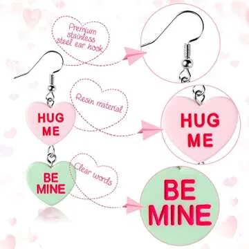 Xqumoi 18Pcs Valentine’s day Conversation Heart Candy Earrings Hug Me Be Mine Resin Heart Pendant Earrings with Hypoallergenic Stainless Steel Hooks Jewelry Accessories Valentine Gift for Women