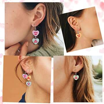 Xqumoi 18Pcs Valentine’s day Conversation Heart Candy Earrings Hug Me Be Mine Resin Heart Pendant Earrings with Hypoallergenic Stainless Steel Hooks Jewelry Accessories Valentine Gift for Women