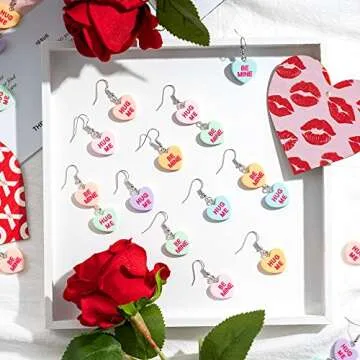 Xqumoi 18Pcs Valentine’s day Conversation Heart Candy Earrings Hug Me Be Mine Resin Heart Pendant Earrings with Hypoallergenic Stainless Steel Hooks Jewelry Accessories Valentine Gift for Women