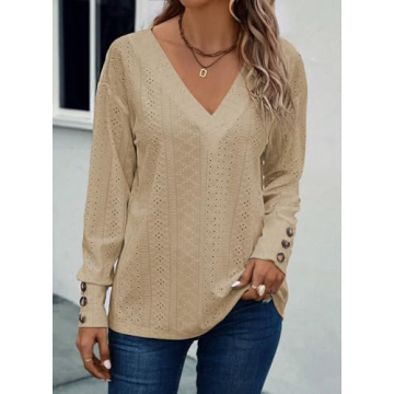Trendy V Neck Loose Long Sleeve Blouses - Dokotoo
