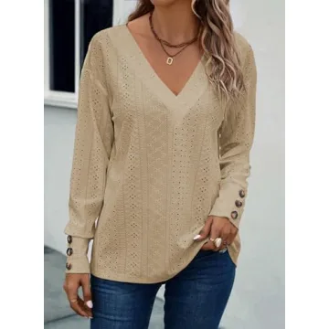 Trendy V Neck Loose Long Sleeve Blouses - Dokotoo
