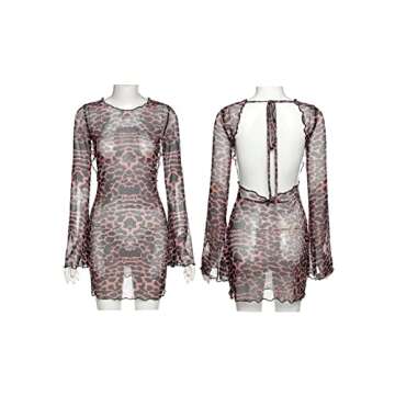 Cocoinsity Womens Party Dress Bodycon Long Sleeve Leopard Sheer Backless Mini Clubwear Dresses Leopard S