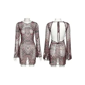 Cocoinsity Womens Party Dress Bodycon Long Sleeve Leopard Sheer Backless Mini Clubwear Dresses Leopard S