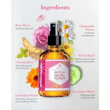 Witch Hazel Alcohol Free Toner by Leven Rose, 100% Pure Organic Facial Rose Water with Rose Petals, Calendula, Cucumber, and Chamomile Flower 4 oz