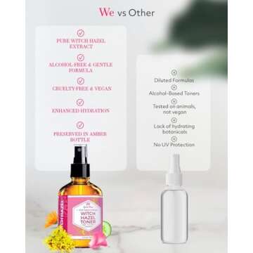 Witch Hazel Alcohol Free Toner by Leven Rose, 100% Pure Organic Facial Rose Water with Rose Petals, Calendula, Cucumber, and Chamomile Flower 4 oz