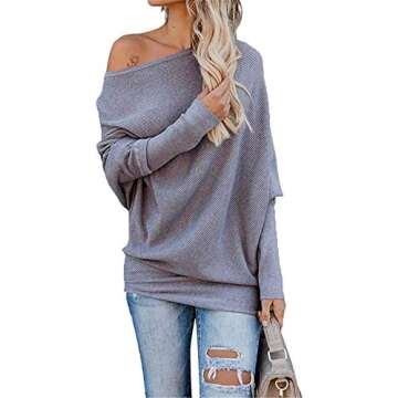EXLURA Women's Off Shoulder Batwing Sleeve Ribbed Shirt Loose Pullover Tops Grey