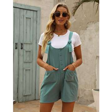 Yeokou Women's Casual Summer Cotton Linen Rompers Overalls Jumpsuit Shorts(DarkGreen-M)