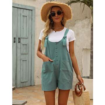 Yeokou Women's Casual Summer Cotton Linen Rompers Overalls Jumpsuit Shorts(DarkGreen-M)