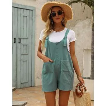 Yeokou Women's Casual Summer Cotton Linen Rompers Overalls Jumpsuit Shorts(DarkGreen-M)