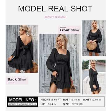 Dokotoo Womens Dresses Square Neck Tie Back Black Dress Puff Long Sleeve Dress Ruffle A-Line Mini Dr...