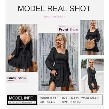 Dokotoo Womens Dresses Square Neck Tie Back Black Dress Puff Long Sleeve Dress Ruffle A-Line Mini Dr...