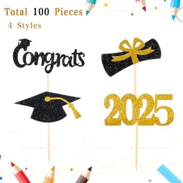 Chinco 100 Pack 2025 Graduation Cupcake Toppers Grad Cap Food Appetizer Picks Cake Graduation Party ...