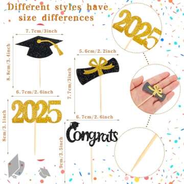 Chinco 100 Pack 2025 Graduation Cupcake Toppers Grad Cap Food Appetizer Picks Cake Graduation Party Decorations Diploma Cupcake Picks for Cake Class of 2025 Graduation Party(Black and Gold)
