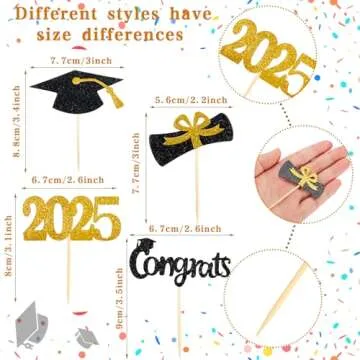 Chinco 100 Pack 2025 Graduation Cupcake Toppers Grad Cap Food Appetizer Picks Cake Graduation Party Decorations Diploma Cupcake Picks for Cake Class of 2025 Graduation Party(Black and Gold)