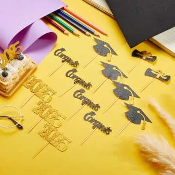 Chinco 100 Pack 2025 Graduation Cupcake Toppers Grad Cap Food Appetizer Picks Cake Graduation Party Decorations Diploma Cupcake Picks for Cake Class of 2025 Graduation Party(Black and Gold)